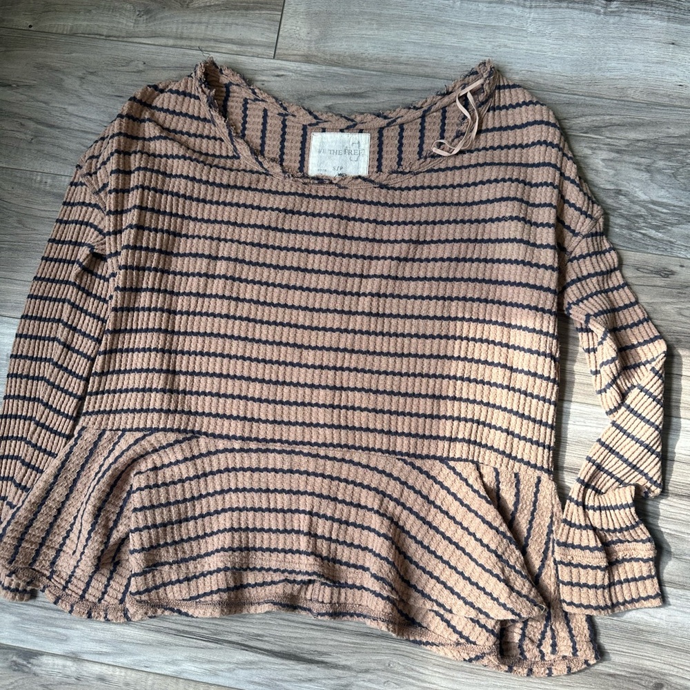 We The Free Brown and Black Striped Peplum Waffle Knit Top Fall Relaxed Size S